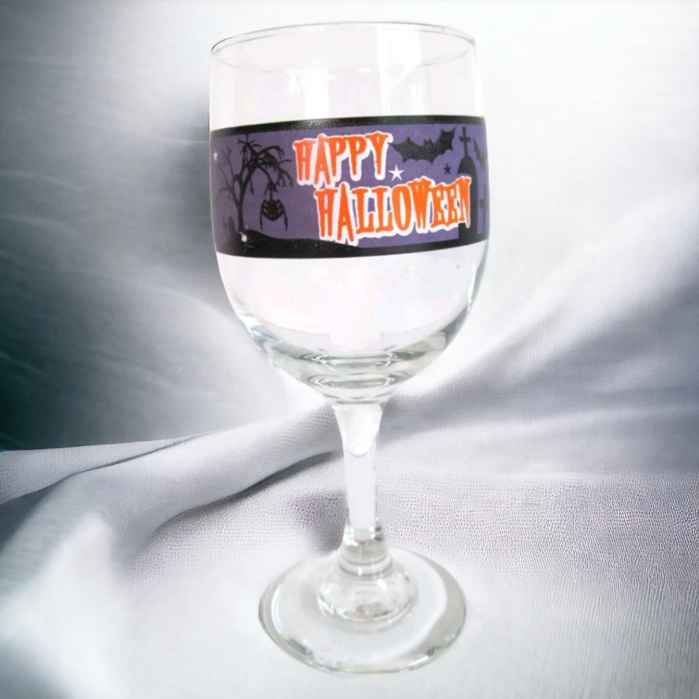 2 Vtg Libbey Happy Halloween Wine Glass Pedestal Stem Tree Spider Grave Purple